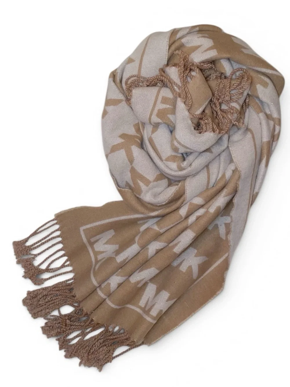MICHAEL KORS Wrap Scarf Signature “MK” Logo Scarf Beige Camel Tan 75”x 26”